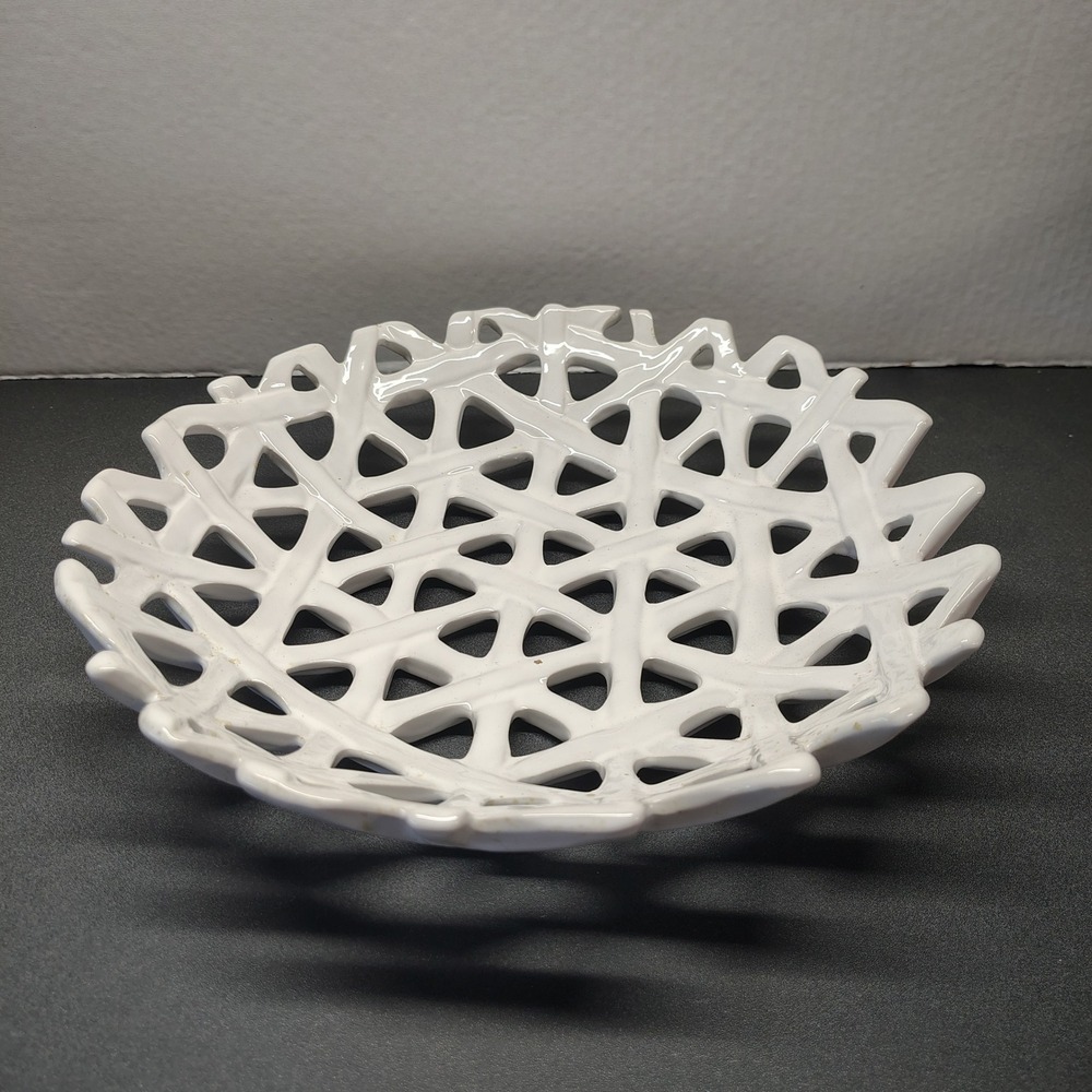 Pier 1 Imports Lattice Bowl Home Decor 12in White Woven Ceramic Centerpiece
